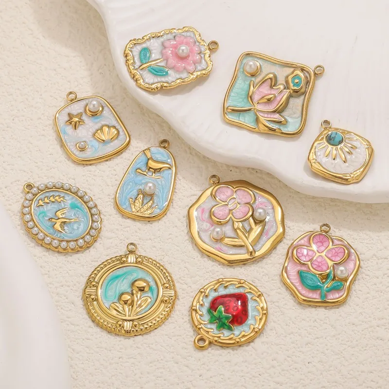 Stainless Steel UV Electroplated Garden Oil Painting Style Pendant Flower Charms DIY Bracelet Necklace Accessory Component