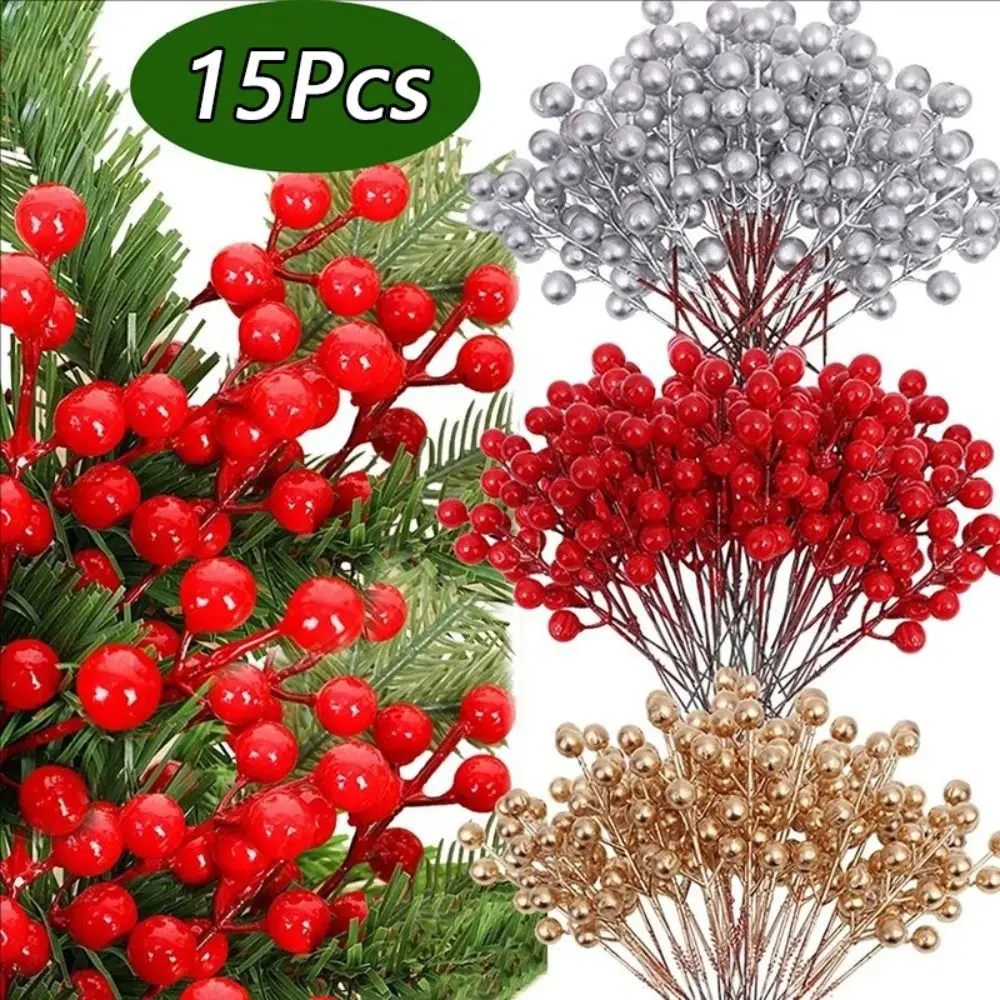 15Pcs 7 Heads Christmas Berry Branches Simulation Red Artificial Berries Props Xmas Wreath Dress Up Holiday Party