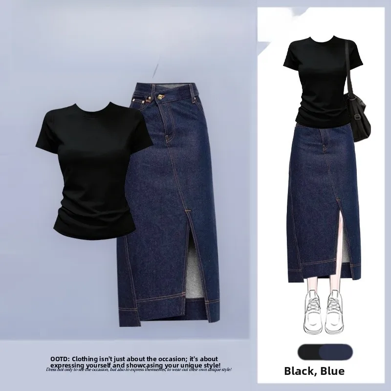Summer New Lazy Style Women's Set Short Sleeve Top High Waist  Skirt Two Piece Set Age Reduction Fashionable Casual Wear