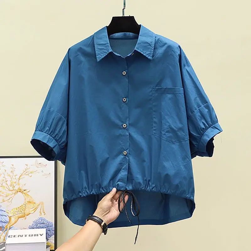 Streetwear Solid Color Stylish Shirring Blouse Casual Batwing Sleeve Summer Loose Lapel Female Pockets Single-breasted Shirt New