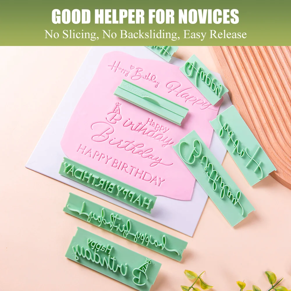 8PCS Best Wishes Cutters Set DIY Handprinting Letters Stamp Happy Birthday Cake Decor Blessings Printing Mold