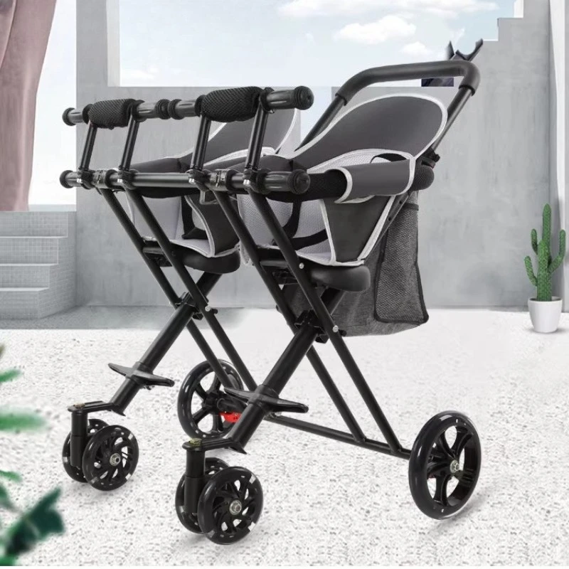 

Ultra-light Portable Twin Stroller Double Seat Strollers Foldable Four-wheel Twin Baby Stroller Double Pram with Sunshade Canopy