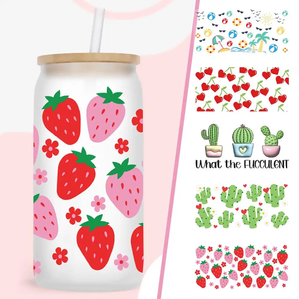 UV DTF Heating Transfer Sticker Mug Water Bottle Cartoon Cute Strawberry Cactus Summer Cup Outer Wall DIY Decoration