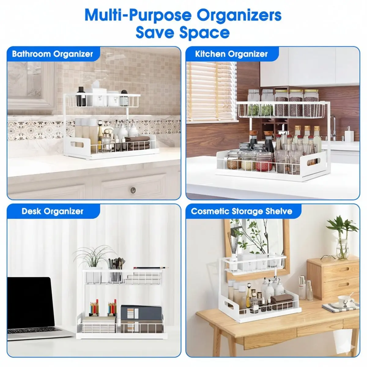 N94R Under Sink 2 Tier Sliding Cabinet Basket Organizer Drawer Pull Out Cabinet Multi-Purpose Sink Organizer