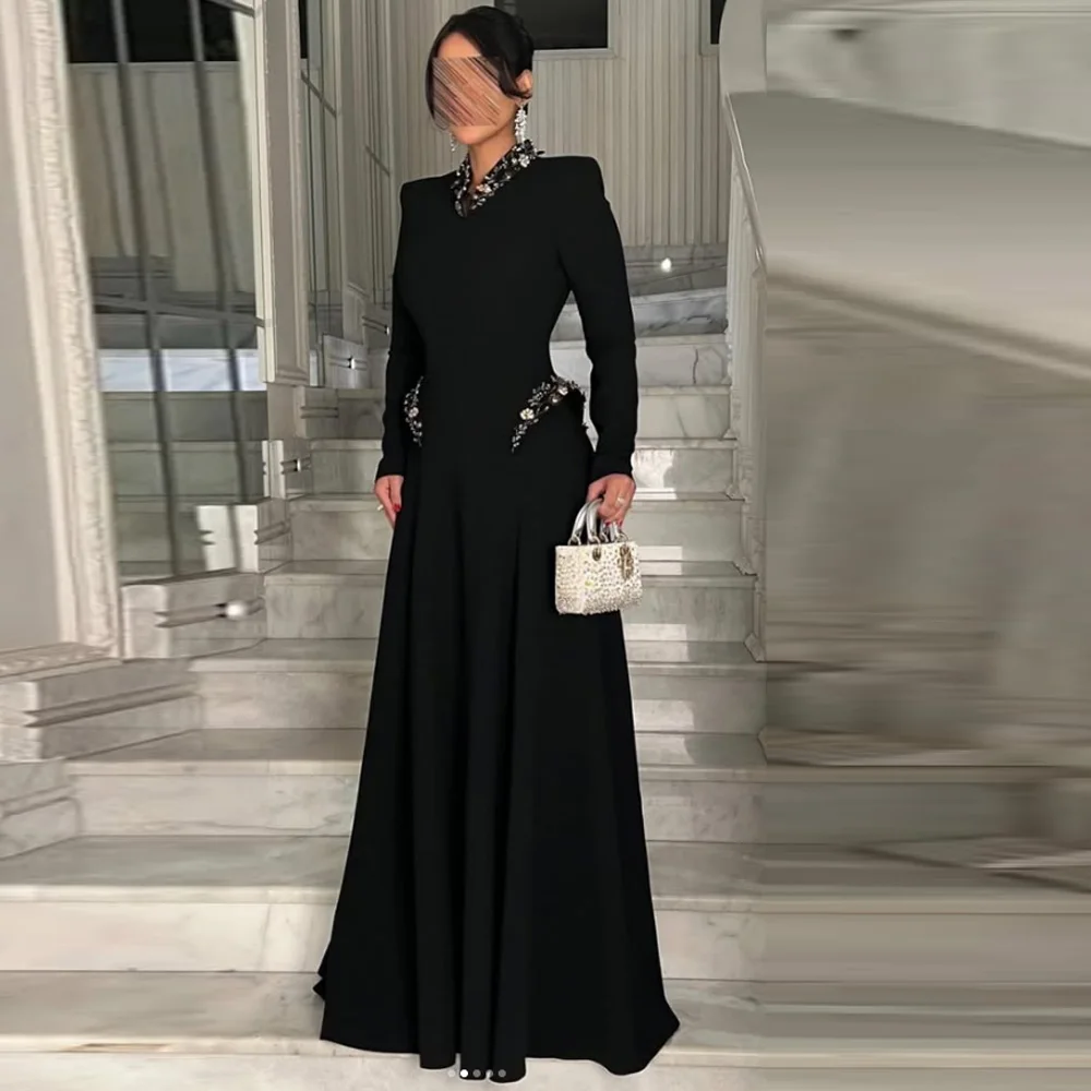 Customized Black Long Sleeve Beaded High Neck A-Line Maxi Evening Dress Women  Luxury Formal Prom Wedding Guest Gown view 4