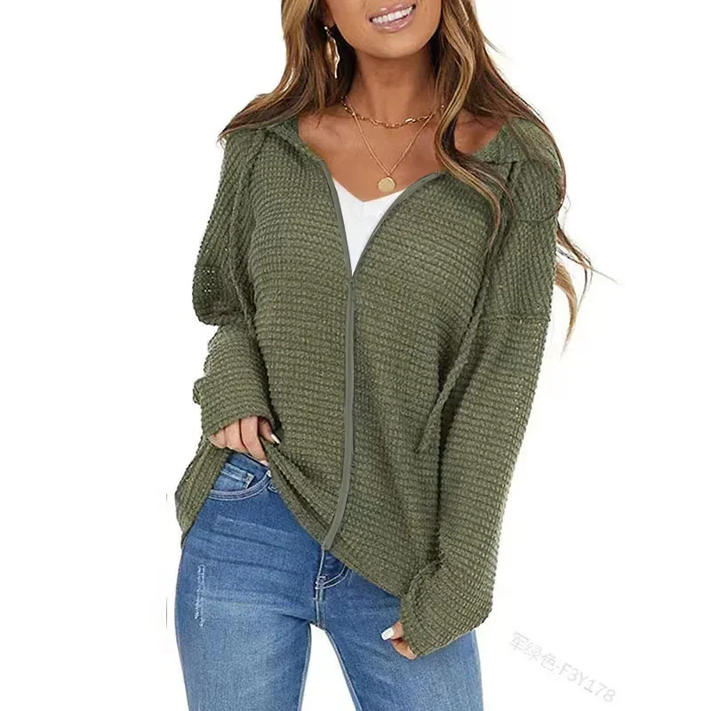 Ladies Casual Pullover Hoodie Waffle Knit V Neck Drawstring Long Sleeve Side Slit Sweatshirt