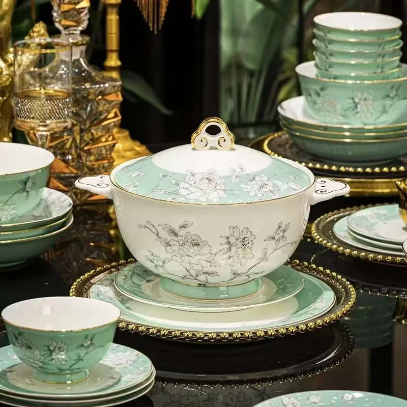 High Value Light Luxury Lady Porcelain National Color Peony Tableware Set Villa Gift