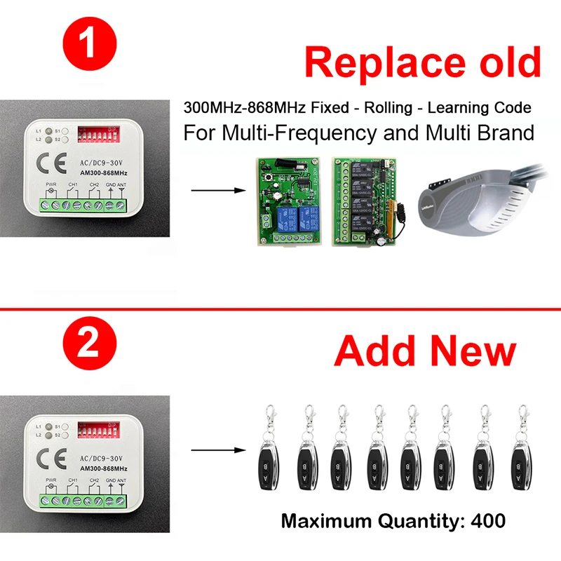 Imagem -02 - Rx-multi Receptor Garage Door Controller 9v30v para Came Top 432na 432ee 432ev 434na 434ee 434ev 43392 Mhz Controle Remoto