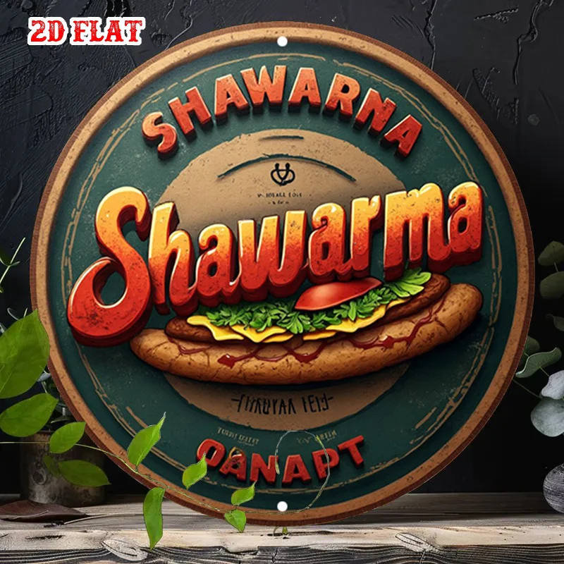 Shawarma Vintage Round Metal Sign, Retro Food & Restaurant Wall Decor for Kitchen & Cafe