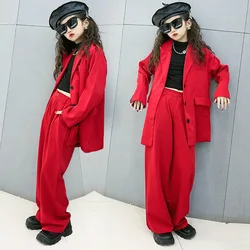 Suit for Girls Red Loose Casual Blazer Wide Leg Pant Two Pieces Teenage Children's Outfits 12 13 14 Years Fashion Kid's Costume