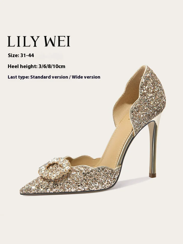 

Spring and summer pointed sequin rhinestone wedding shoes thin high-heeled banquet dress large size small size women's sandals