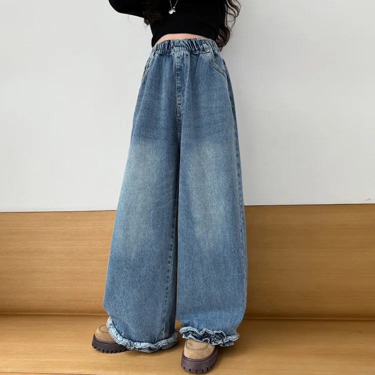 

Autumn School Girls Wide Leg Pant Junior Girls Contrast Color Full Length Denim Pant Children Girls Loose Mid Waist Trousers