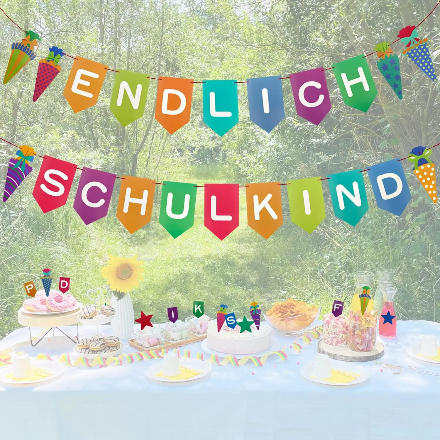 Endlich Schulkind – Bunte Wimpelkette mit Zuckertüten Motiv – 3m Deko Banner für Schuleinführung, Einschulung & Schulanfang –