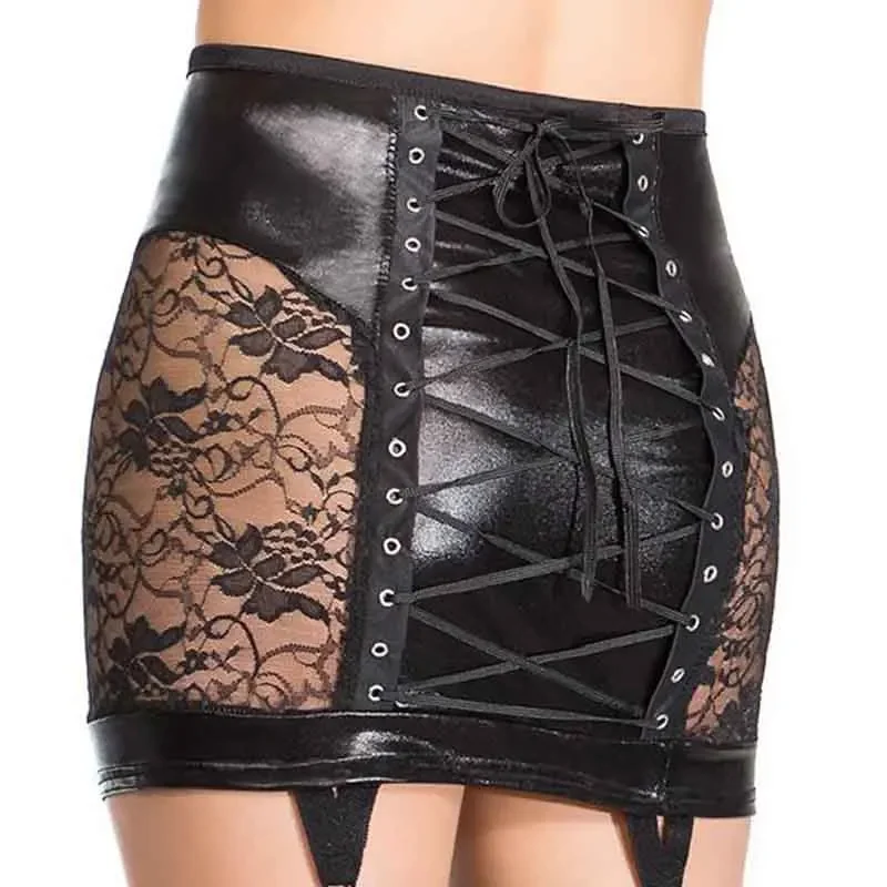 

Fashion Women Floral Lace Insert Vinyl Leather Suspender Skirt Sexy Short Mini Skirt Porn Back Lace Up Bodycon High Waist Skirt