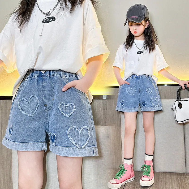 2024 Hot Summer Kids Girls Shorts Fashion Beauty Cute 9 11 13 14Years Children Pearl Heart Jeans Shorts Teen Denim Tassel Shorts