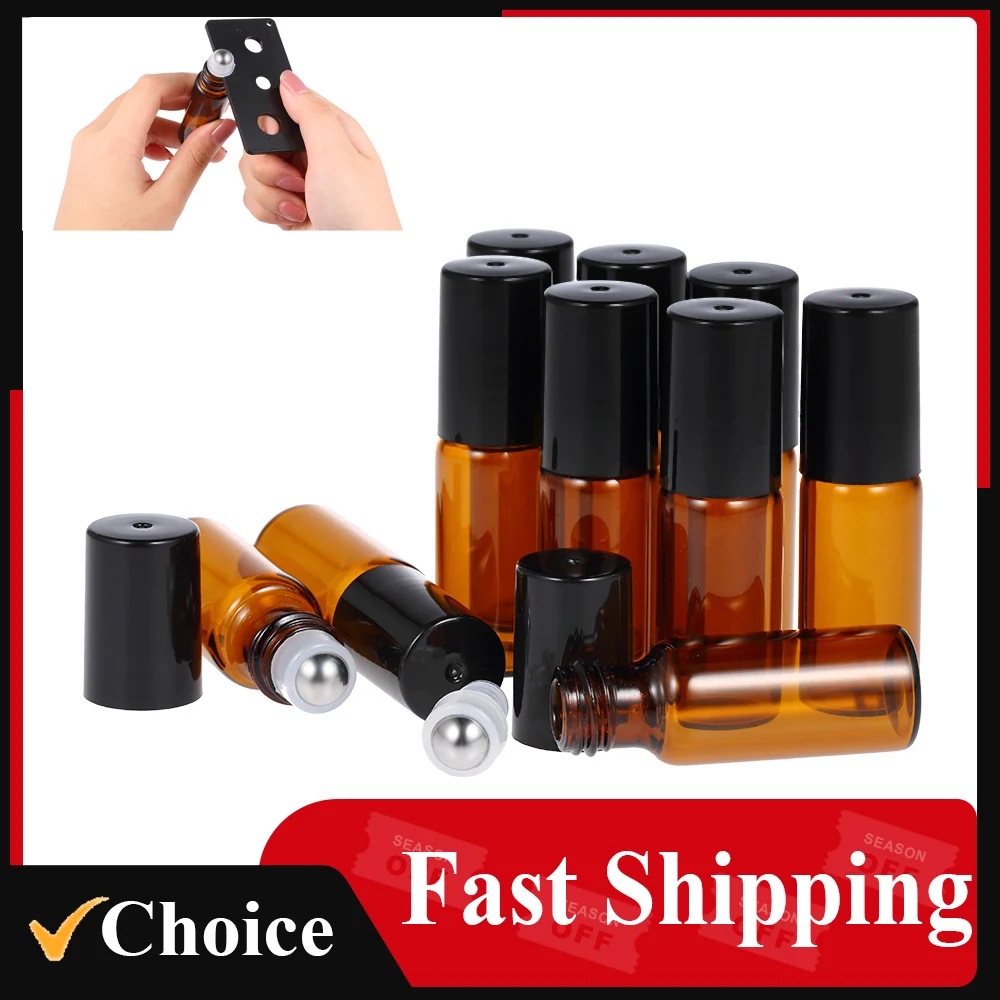 10 Pcs 5ml Essential Oils Roller Bottle Amber Glass Roll-on Bottles Steel Roller Ball Essential Oil Jar with 3ml Dropper