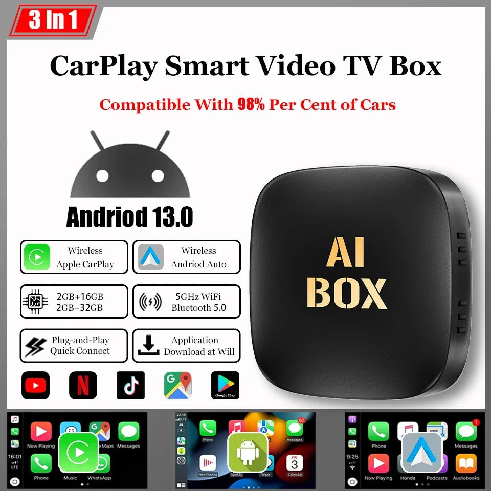 

New Android 13 Smart Box Wireless Android Auto & Apple CarPlay 3-in-1 Video Box Built-in Youtube Netflix Play Store Plug & Play