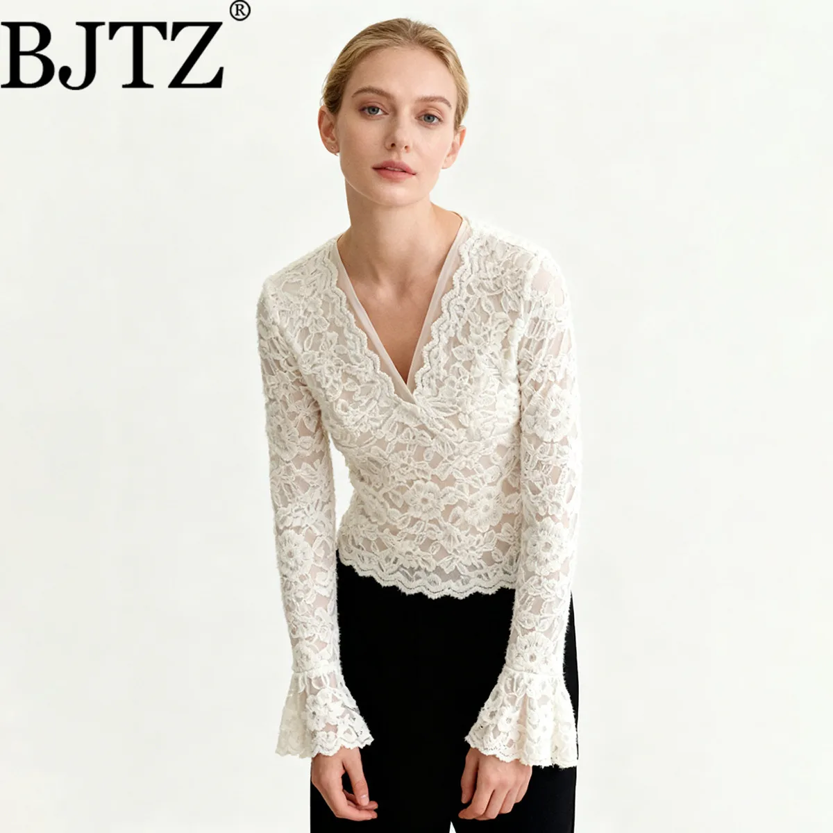

BJTZ Spring Women's Lace Mesh Patchwork T-Shirt Designer Elegant Chic Fashion Casual Top