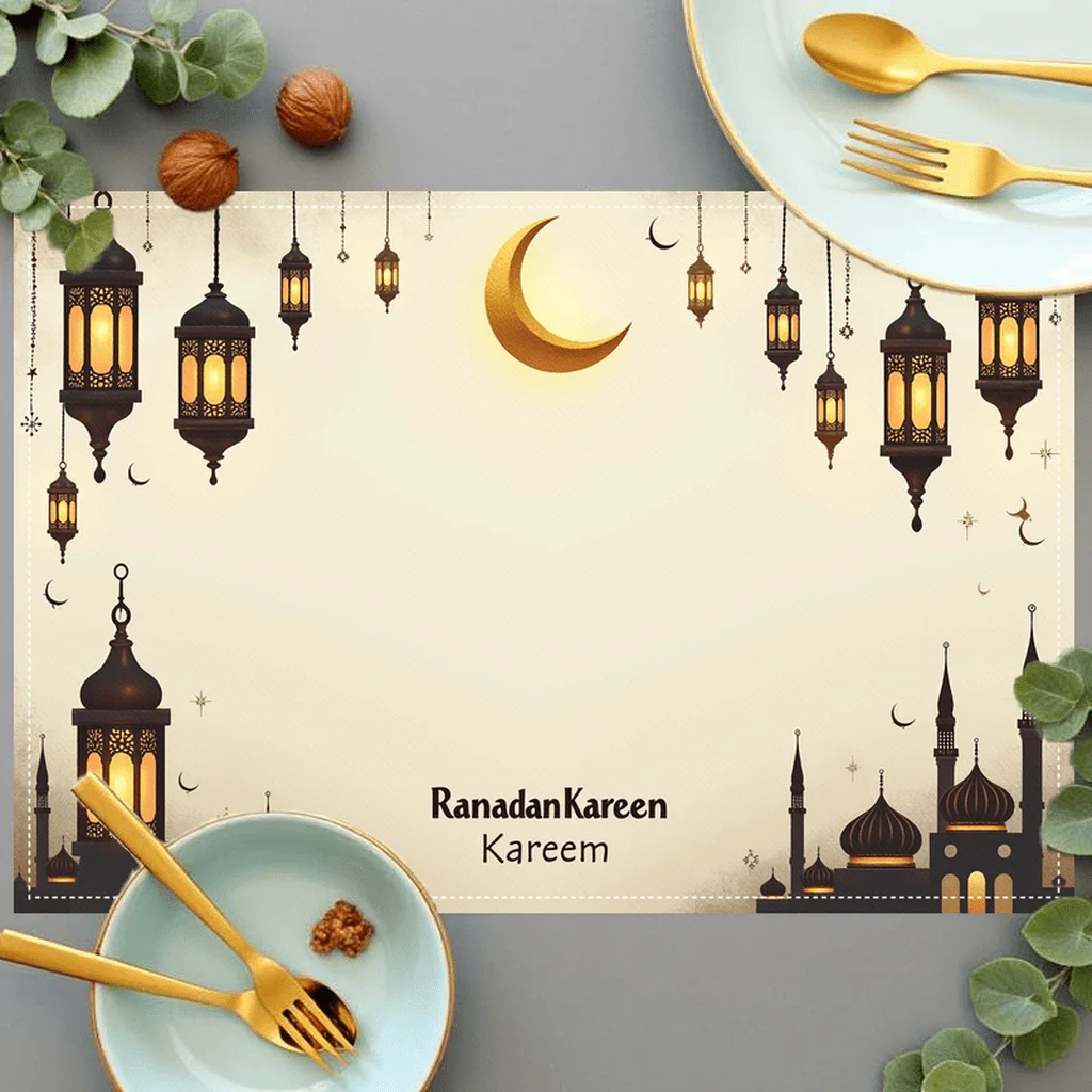 2D Flat One Ramadan Placemats, Crescent Moon, Hexagonal Lantern Pattern Placemats, Mosque Placemats