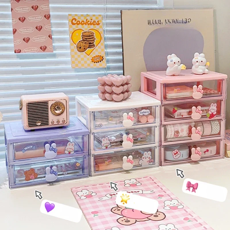 

Cute Stationery Storage Box Drawer Type Desktop Journal & Guka Organizer Transparent Mini Shelf for Small Desk Items