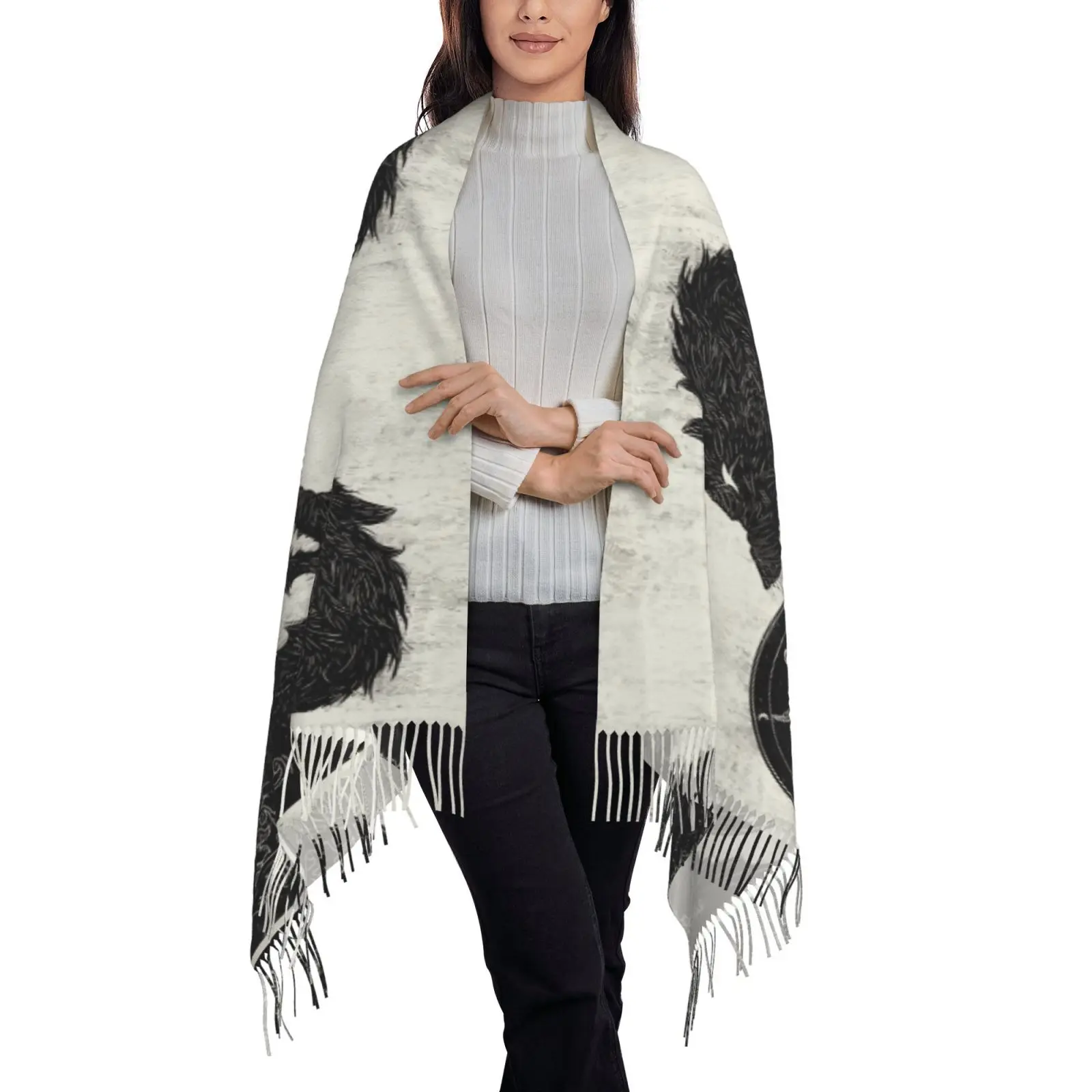 Mystery Wolf Print Tassel Shawl for Women Soft Warm Large Wrap Scarf Lightweight Fall Winter Occult Theme Stole