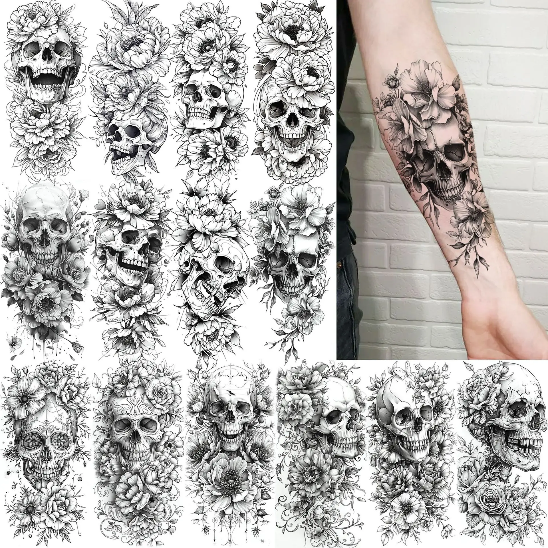 

Skull Flower Temporary Tattoo Stickers Halloween Niche Design Waterproof Non Toxic Durable Realistic for Arm Calf