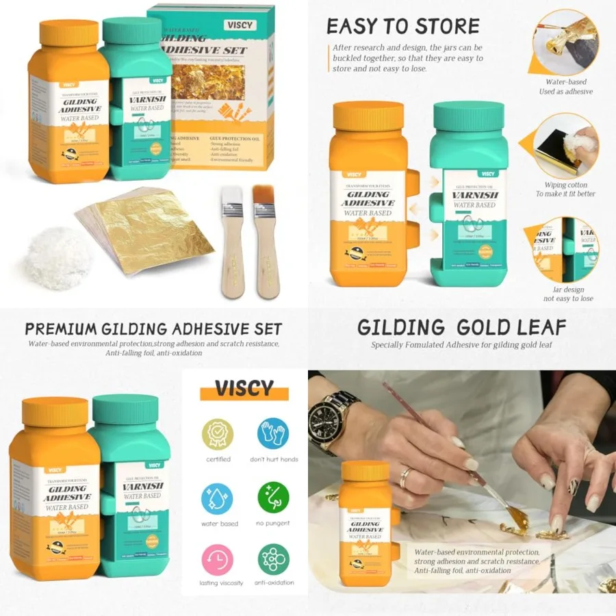 

Gold Leaf Adhesive Gilding Adhesive Set with 100ml Water Based Metal Leaf Glue and 100ml Varnish 100 pcs Foil 2 Brushes Foil Wi