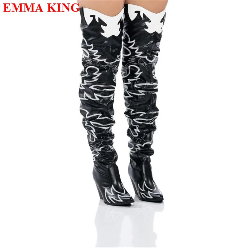 

Designer Women Embroider Western Boots Female Chunky Heels Thigh High Boots Winter Black Pointed Toe Over The Knee Boots Woman