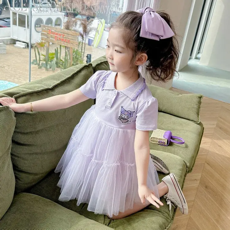 Robe de princesse Anime Sanrios à manches courtes pour filles, Kawaii, Hello Kittile Kuromi, robe de gaze douce et mignonne, robe de soirée, vêtements d'été pour enfants