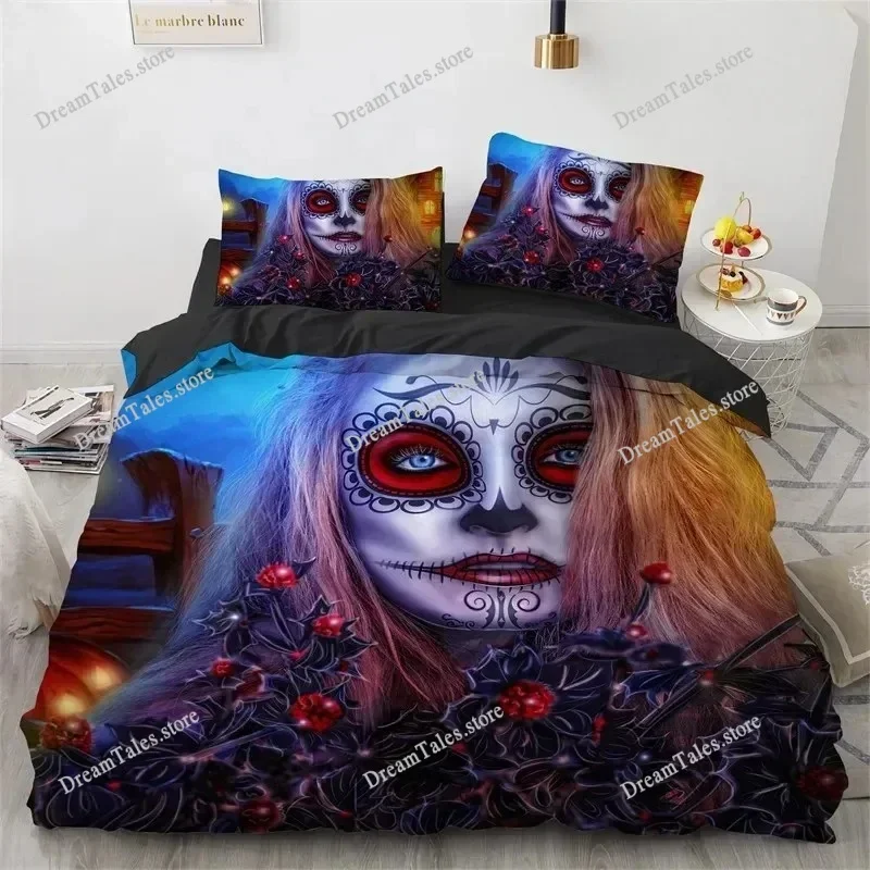 3D Printed Horror Gothic Female Skeleton Undead Duvet Cover Bedding Set, Soft Comfortable Polyester, Queen Size Bedding Set