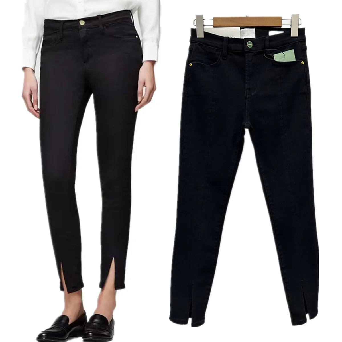 Maxdutti 미니멀리스트 여성 청바지 데님 바지 여성 의류 우아한 통근 중반 허리 신축성 있는 프론트 슬릿 크롭 청바지 여성용