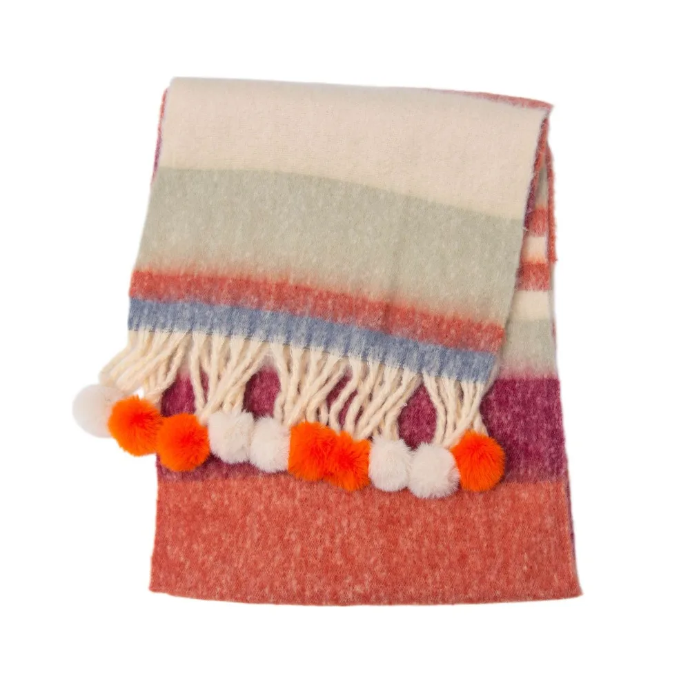 Mohair Plaid Wool Scarf Rabbit Fur Ball Loop Yarn Rainbow Tassel Shawl Korean Style Imitation Cashmere Women Cape Autumn Winter