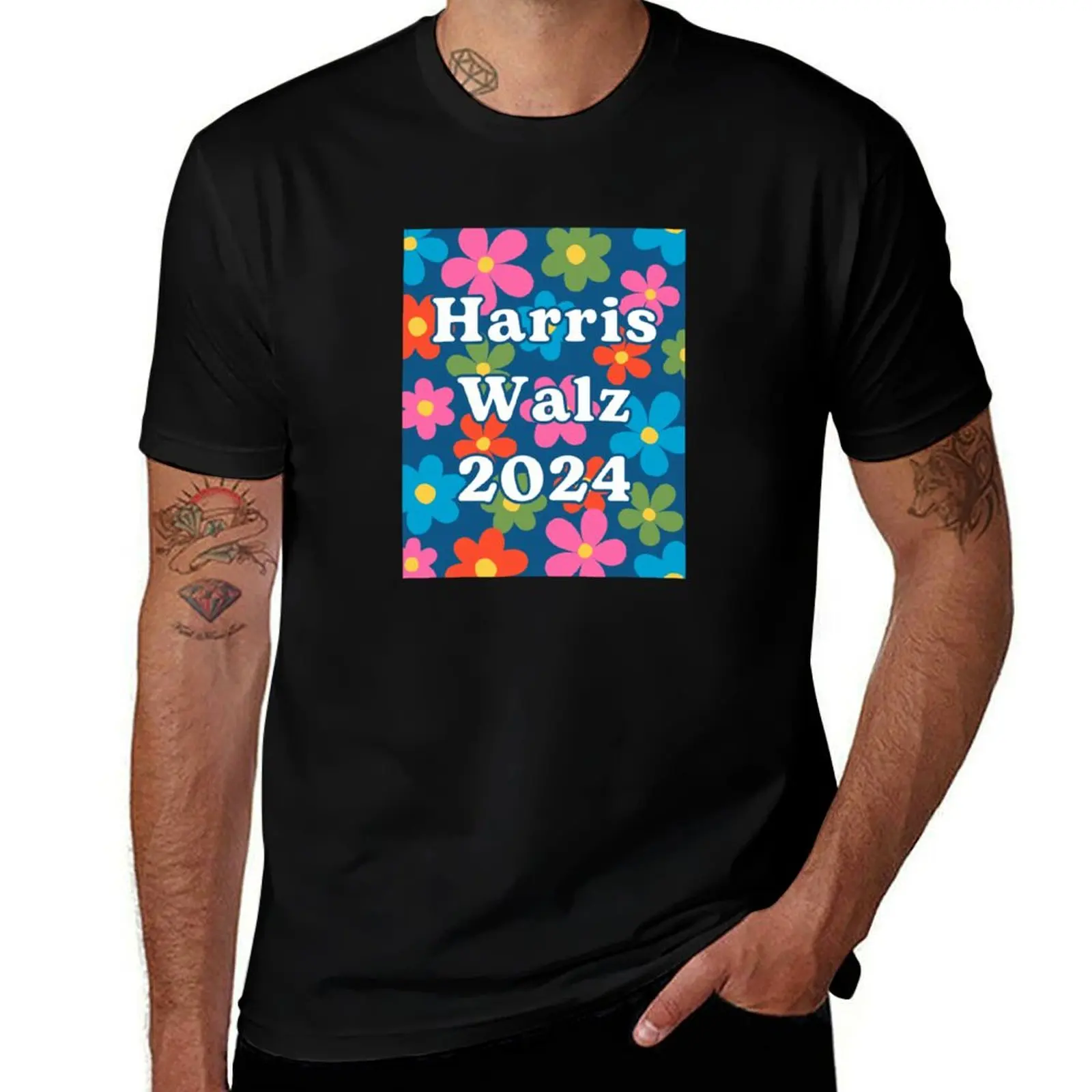 

Retro Floral Celebration; Harris Walz 2024 T-Shirt plus sizes kawaii clothes Anime t-shirt mens white t shirts