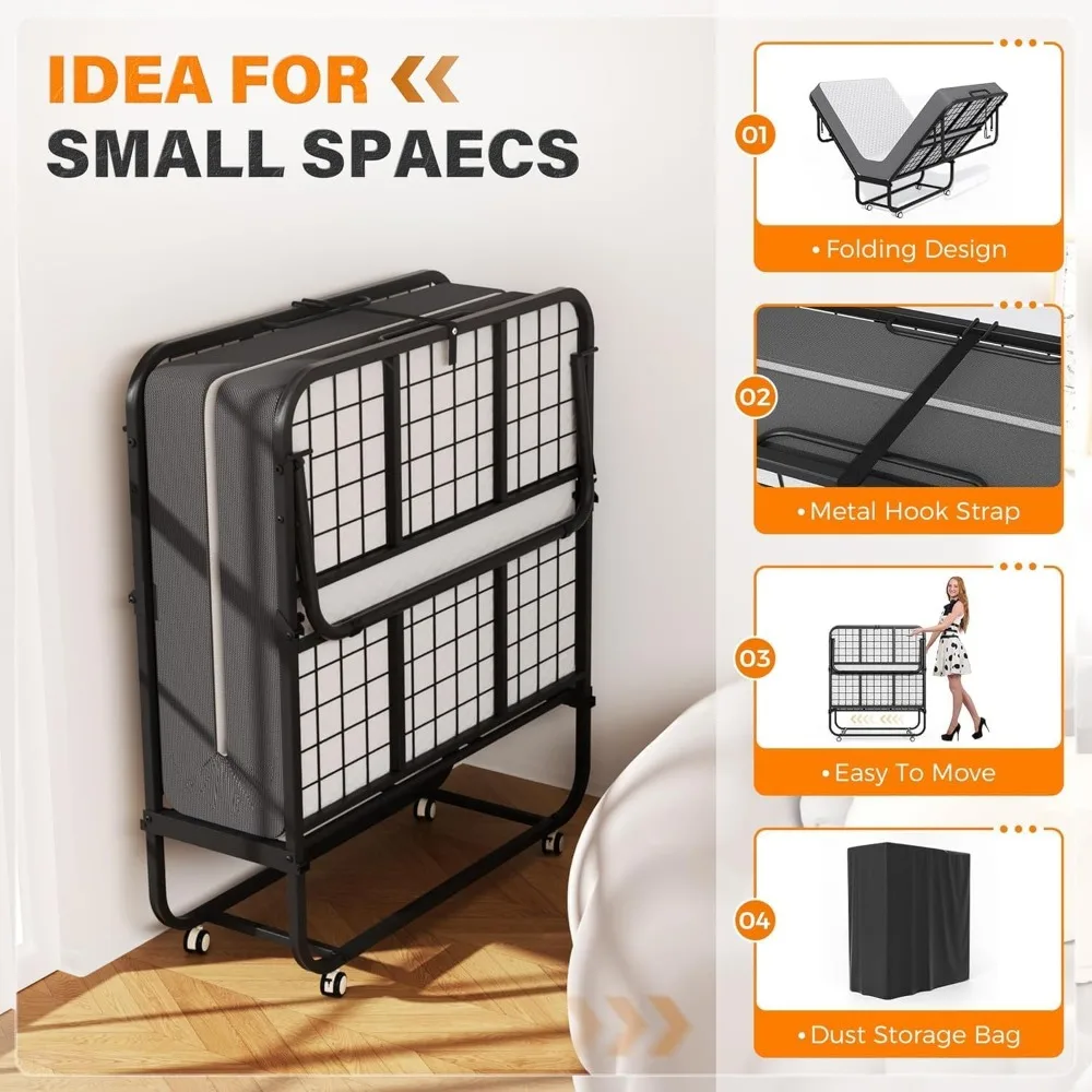 เตียงพับได้แบบพกพาพร้อมที่นอนเมมโมรี่โฟม ขนาด 75 x 38 นิ้ว โครงเหล็กพับได้ ประหยัดพื้นที่ เพื่อการนอนหลับที่สบาย