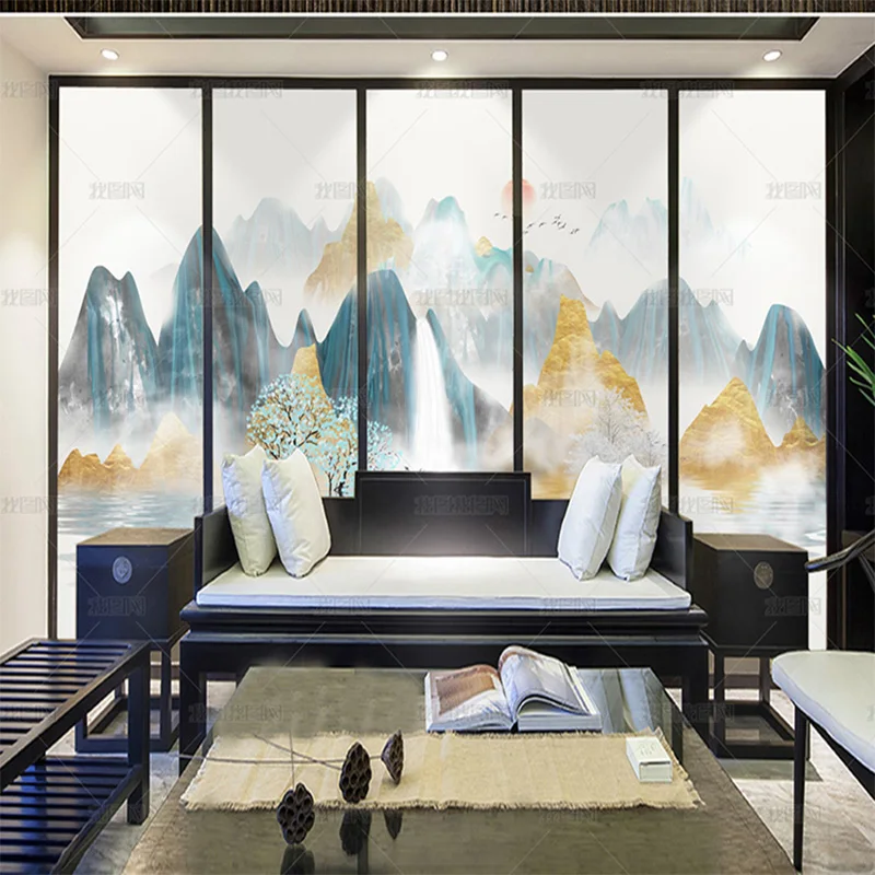 custom 3D Modern new Chinese conception cloud mist water ink landscape gold wallpaper Jiangnan mural TV living room background