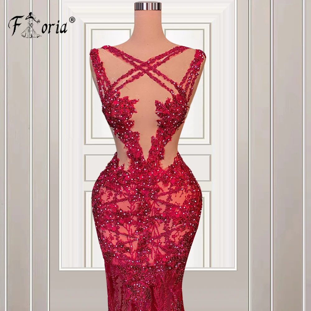 Abito da sera da sposa a sirena rossa trasparente Appliques di pizzo di cristallo abito da cerimonia Sexy Illusion abiti da spettacolo Robe De Soiree