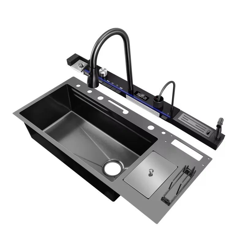 Black Nano 304 Stainless Steel Smart Waterfall Kitchen Sink LED Digital Display Multifunction Workstation Sink wjr