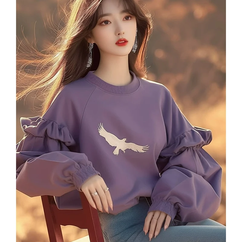 여성 인쇄 운동복 긴 프릴 슬리브 보라색 느슨한 풀오버 가을 새로운 패션 캐주얼상의