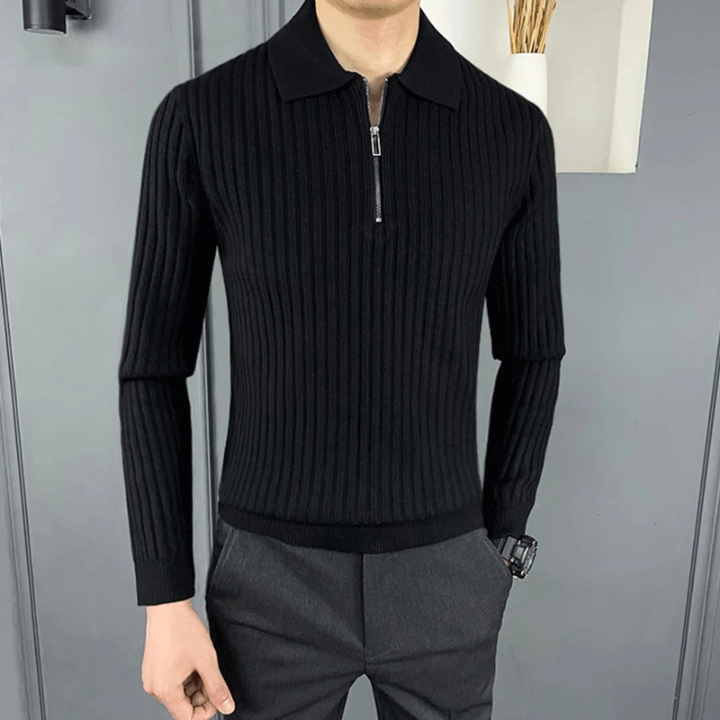 

Тонкие джемперы с длинными рукавами для повседневного отдыха, мужские вязаные рубашки поло с отложным воротником на молнии, осенние мужские новые повседневные вязаные рубашки поло