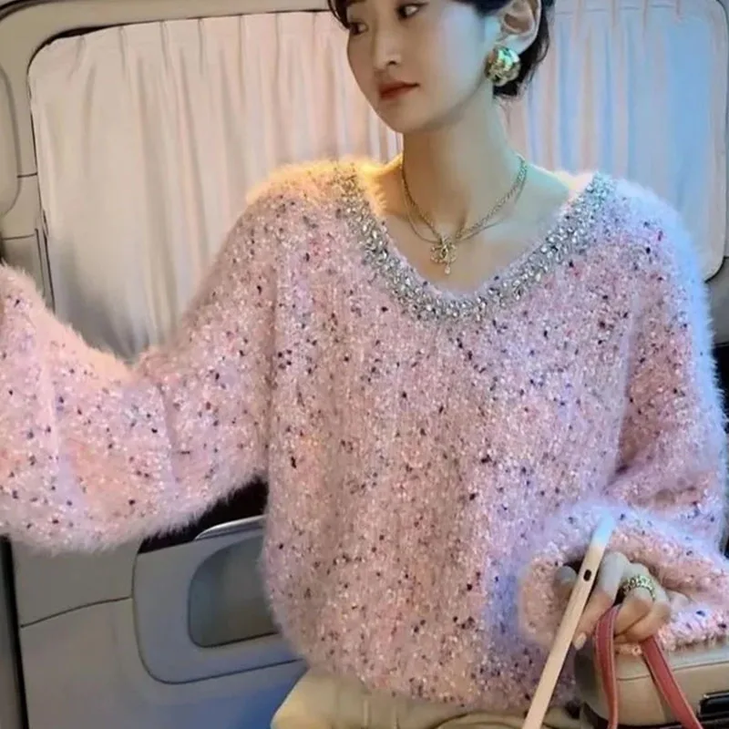 Trapano per unghie Colore Cuciture a pois Versione coreana del morbido maglione ceroso Autunno da donna Nuovo vento pigro Moda Top a maniche lunghe