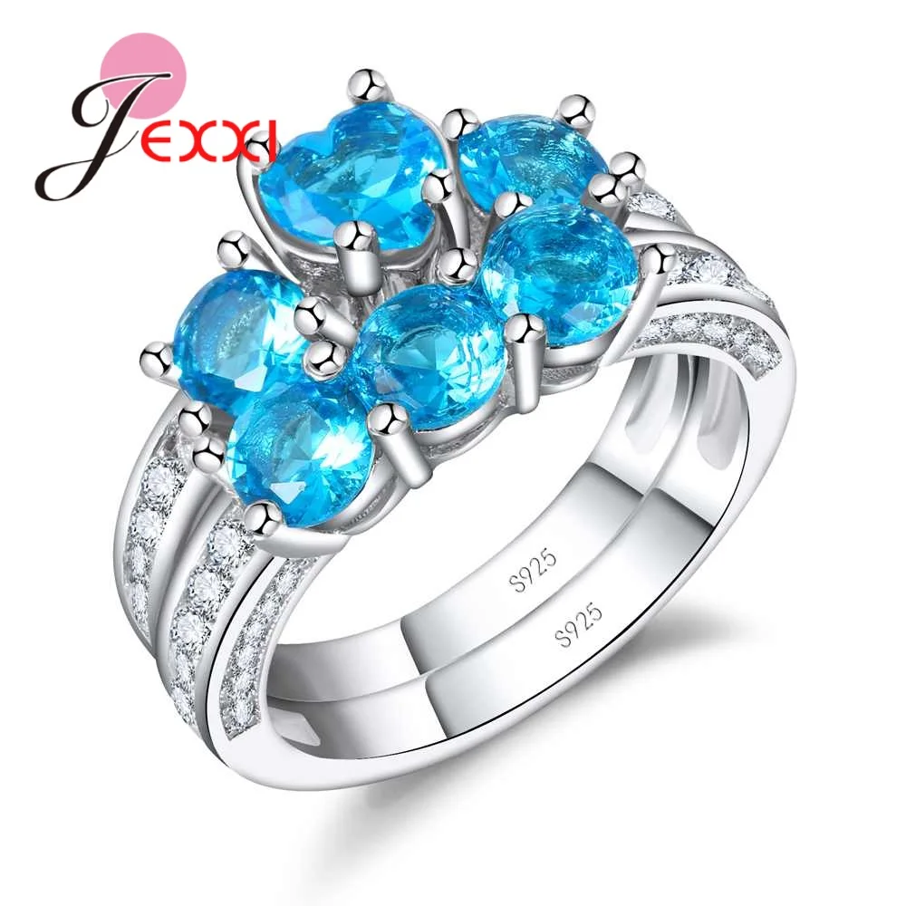 Fashion 925 Sterling Silver Blue Crystal Bridal Wedding Rings Set For Female Cubic Zircon Women Engagement Proposal Ring