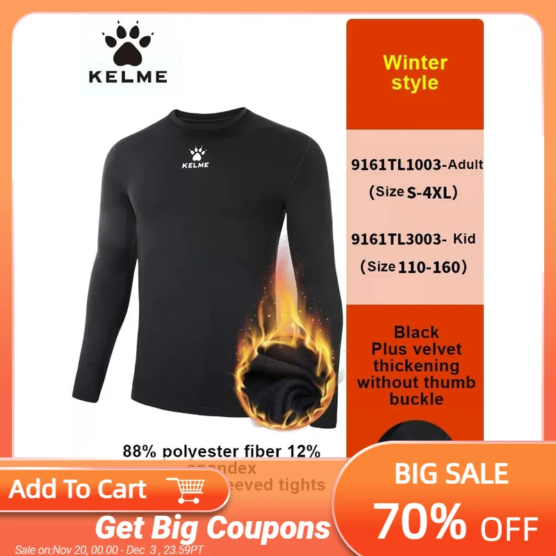 

KELME Compression Plush Tights Mens Long-Sleeved Sports Training Fitness Quick-Drying Warm Football Kids Base Shirt 9161TL1003