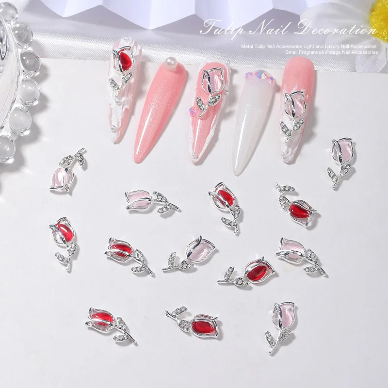 10PCS 3D Luxury Alloy Tulip Nail Art Rhinestone Flower Charm Parts For DIY Nails Decoration Manicure Decor Material Supplies 3