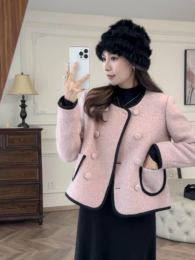 

Pink Woolen ort Coat with Sequins And Color Blo Small Fraance Sle Korean Version Straight Cut Winter Outerwear