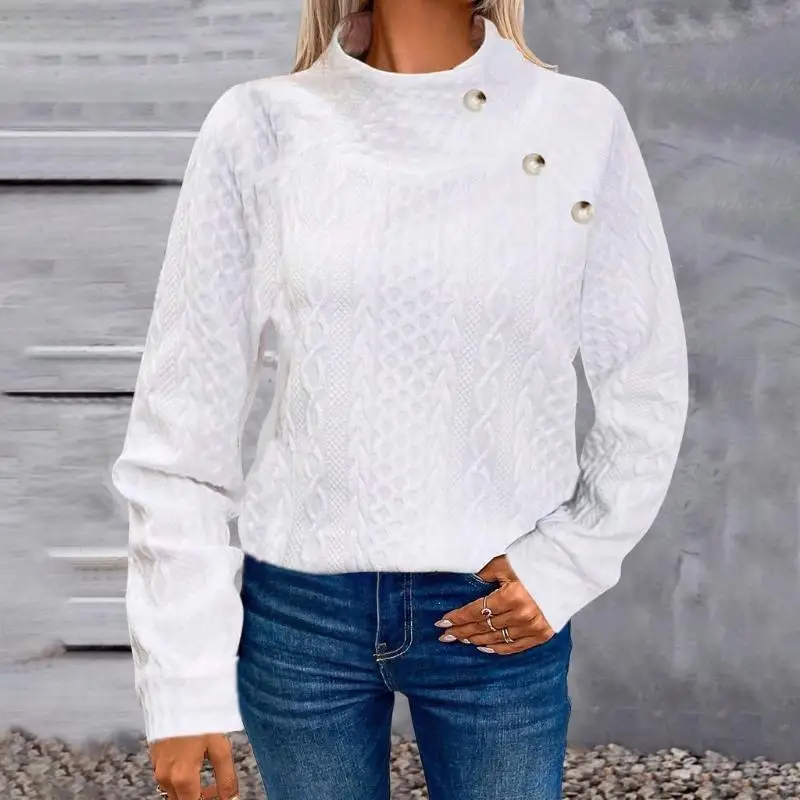 39BC damessweatshirts met gewatteerde opstaande hals, knoopdetail, mouwen, getextureerde, casual losse mode-herfsttrui