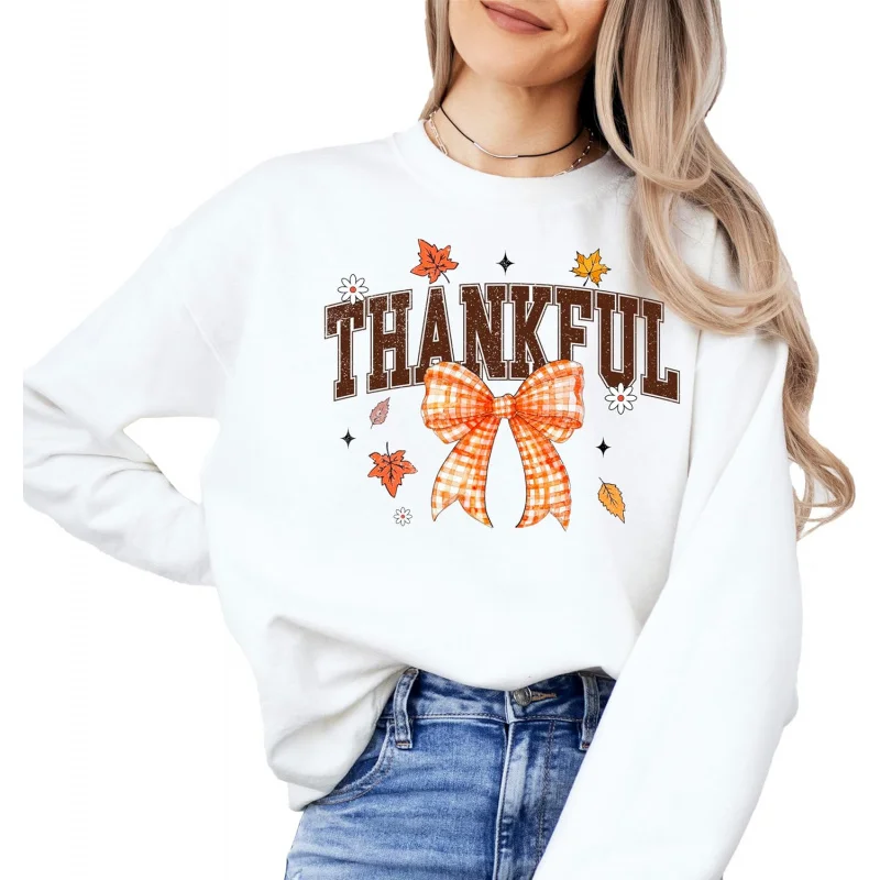 Grateful orange bow long sleeved sweatshirt suitable for girls and teenagers loose fitting pullover