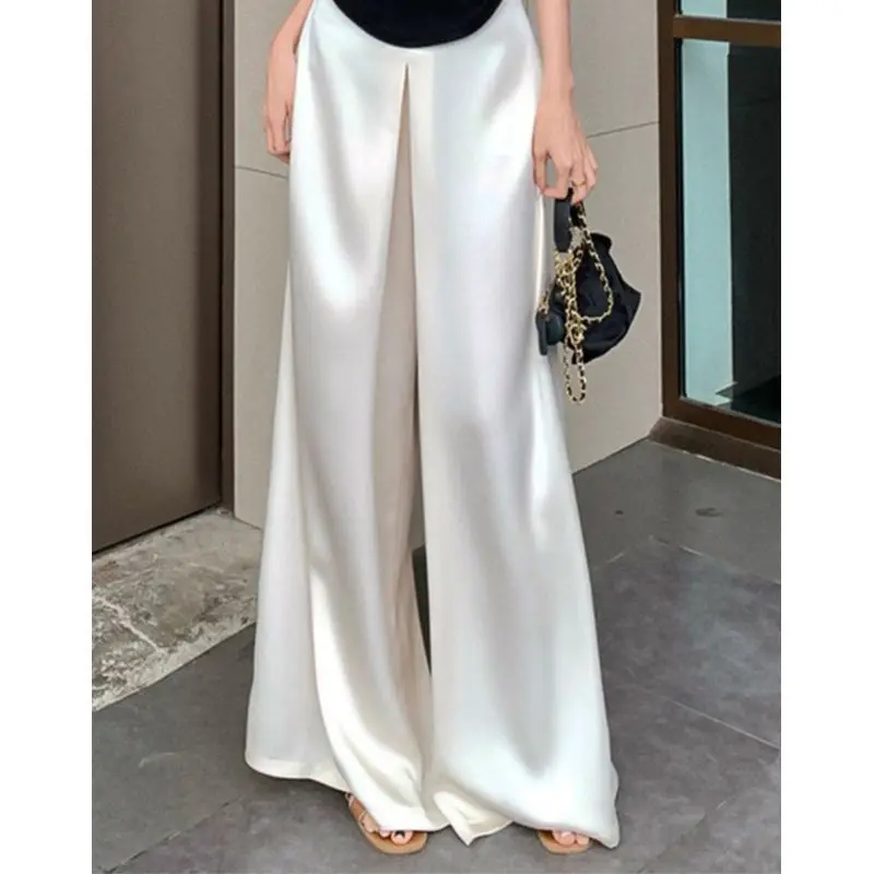 Women Clothing High Quality Satin High Waist Elegant White Wide Leg Pants Summer Office Lady Vintage Loose Straight Pantalones