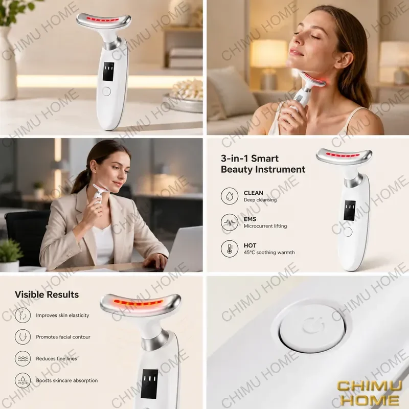 【CHIMU HOME】 EMS Microcurrent Neck Massager LED Light Therapy Face Lifting Device Wrinkle Tightening Home