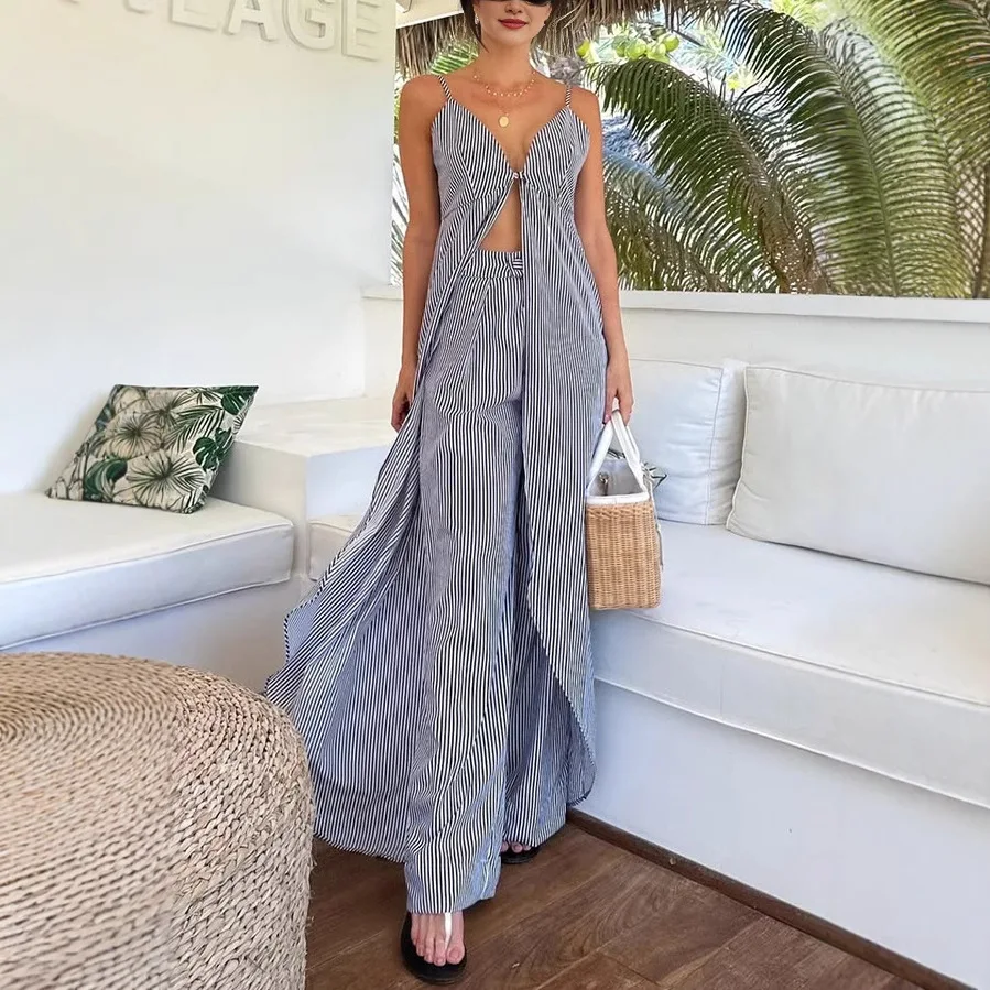 

Summer Women Long Top Striped 2-piece Set, Loose Boho Wide-leg Trousers Set, 2025 Fashionable Sleeveless V-neck Sexy Ladies Set