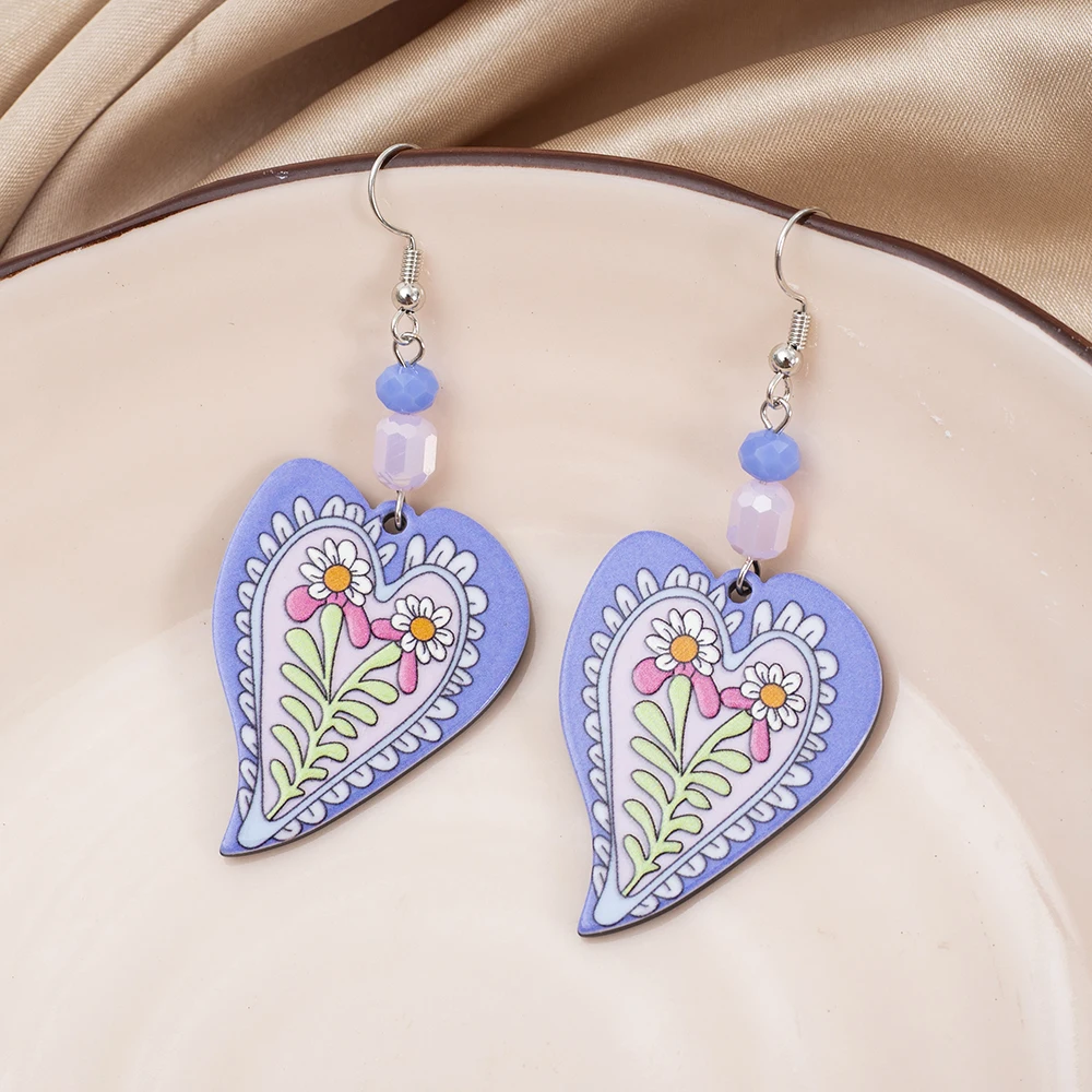 New Fashion Blue Acrylic Flower Relievo Printing Heart Earrings For Women Vintage Style Cute Valentine\'s Day Gift Girls Jewelry